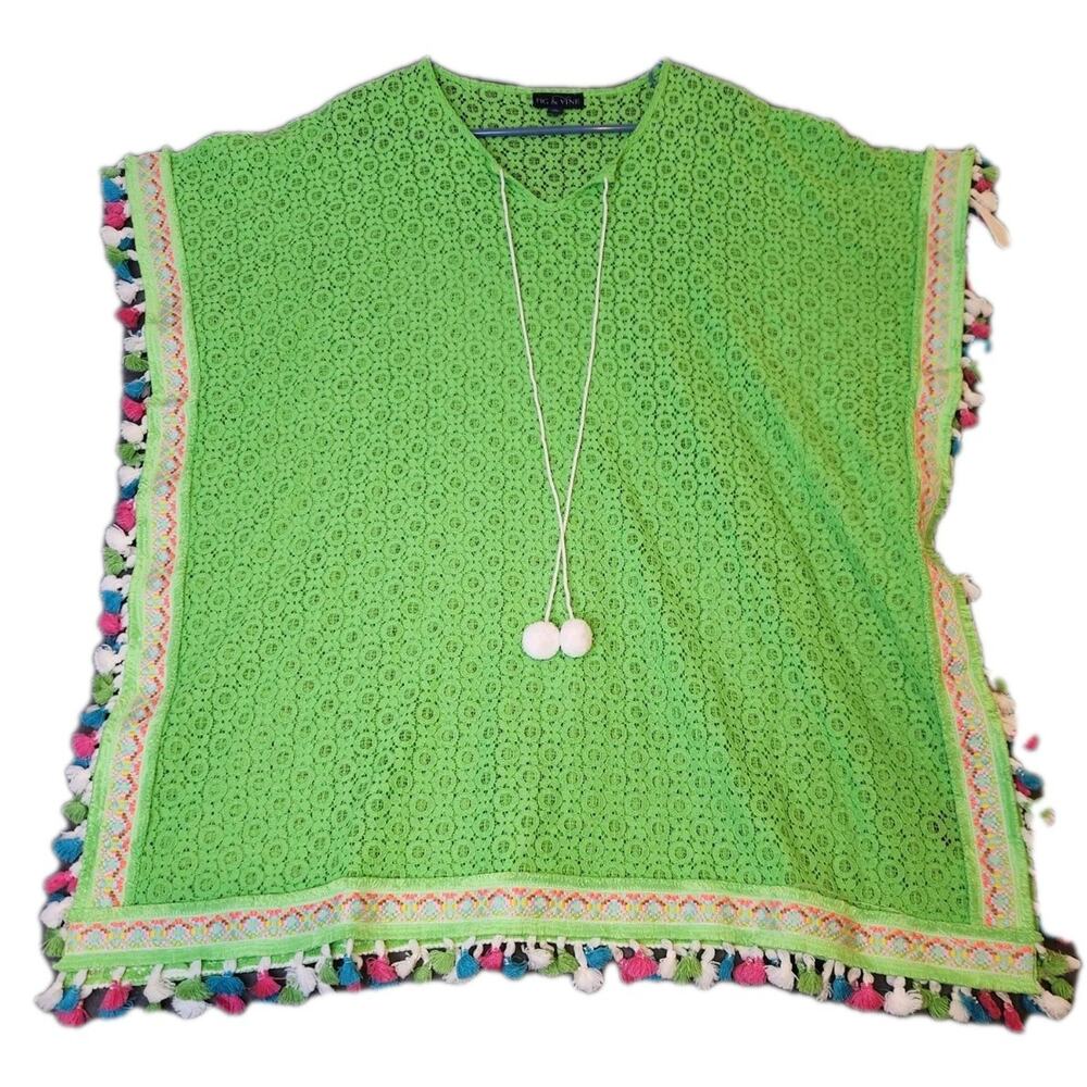 Fig &‎ Vine Neon Green Lace Tassels Kimono Kaftan Beach Cover Up Size XS S NWT